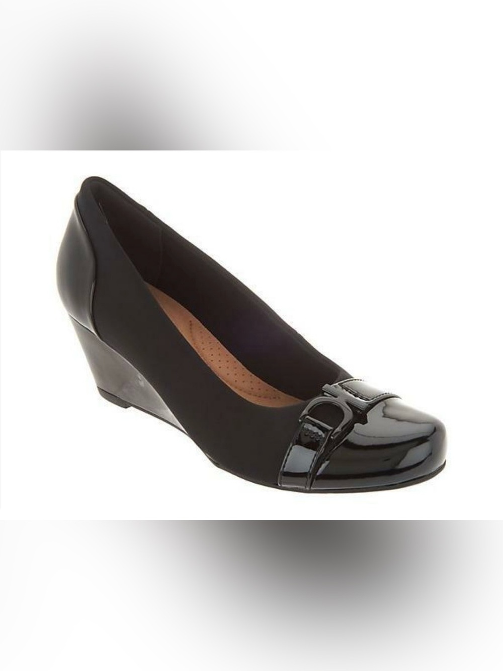Clarks Women Black Wedge Pump with Patent Toe and Buckle Size 10
